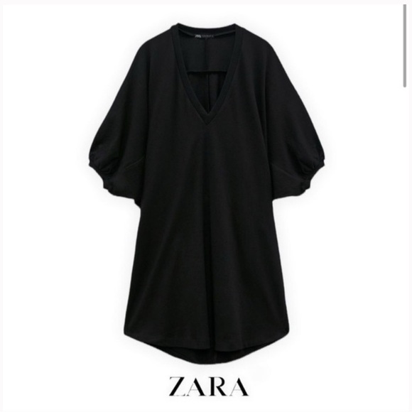 Zara NWT Black Cocoon V Neck Puff Sleeve Dress size Medium - Picture 1 of 8